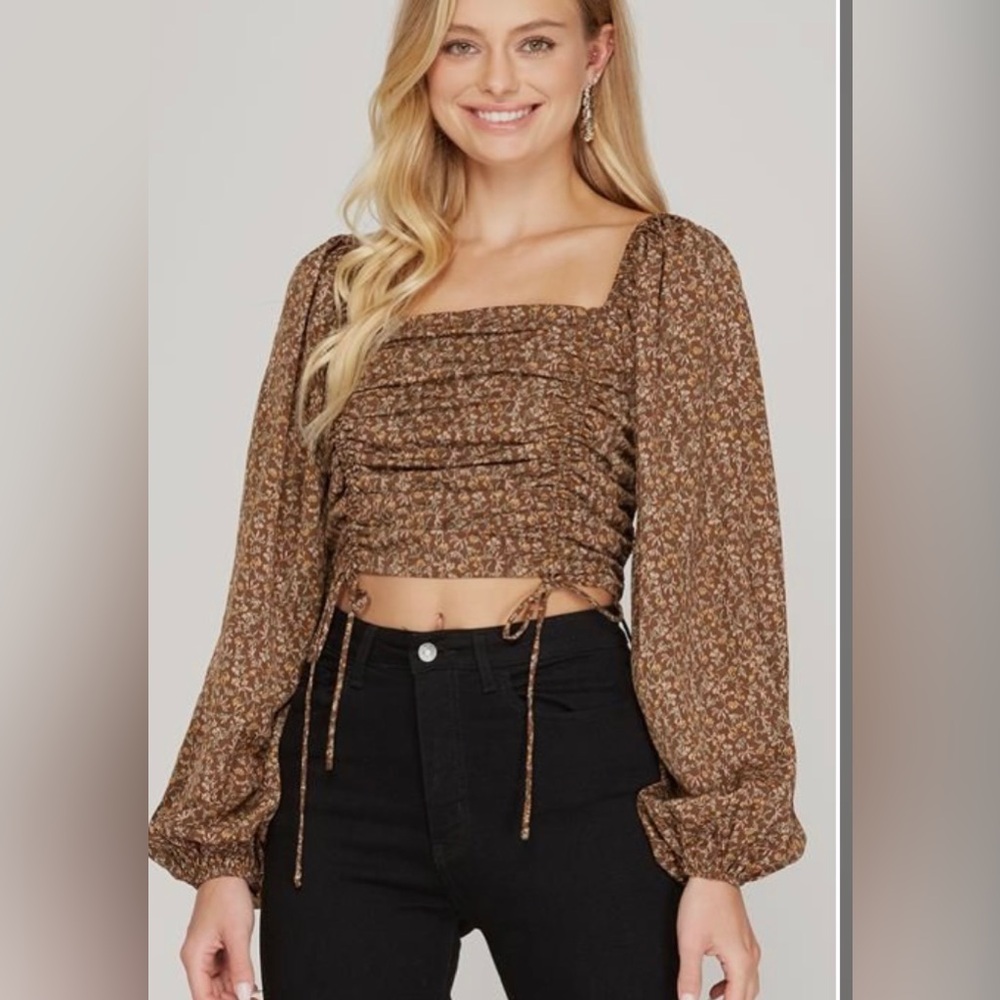 Floral Brown Long Sleeve Women's Top